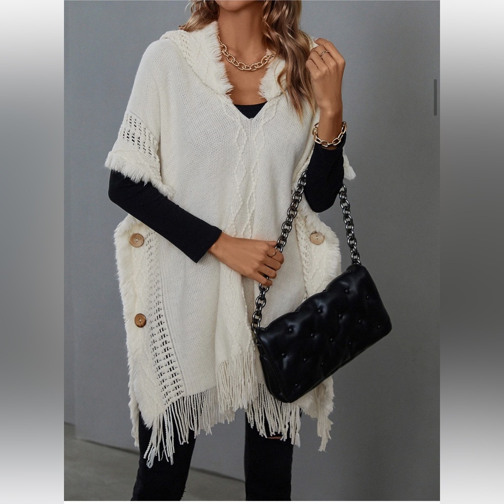 White Stag Cozy Cream Knit Fringe Button Poncho Sweaters Winter Coats Shrugs NWT